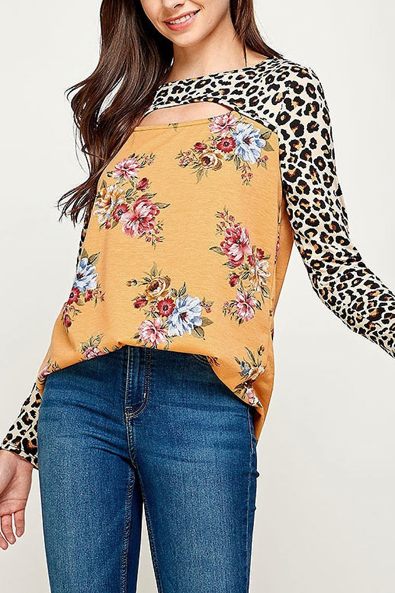 Animal floral pritn cutout front color block top (EF2381)