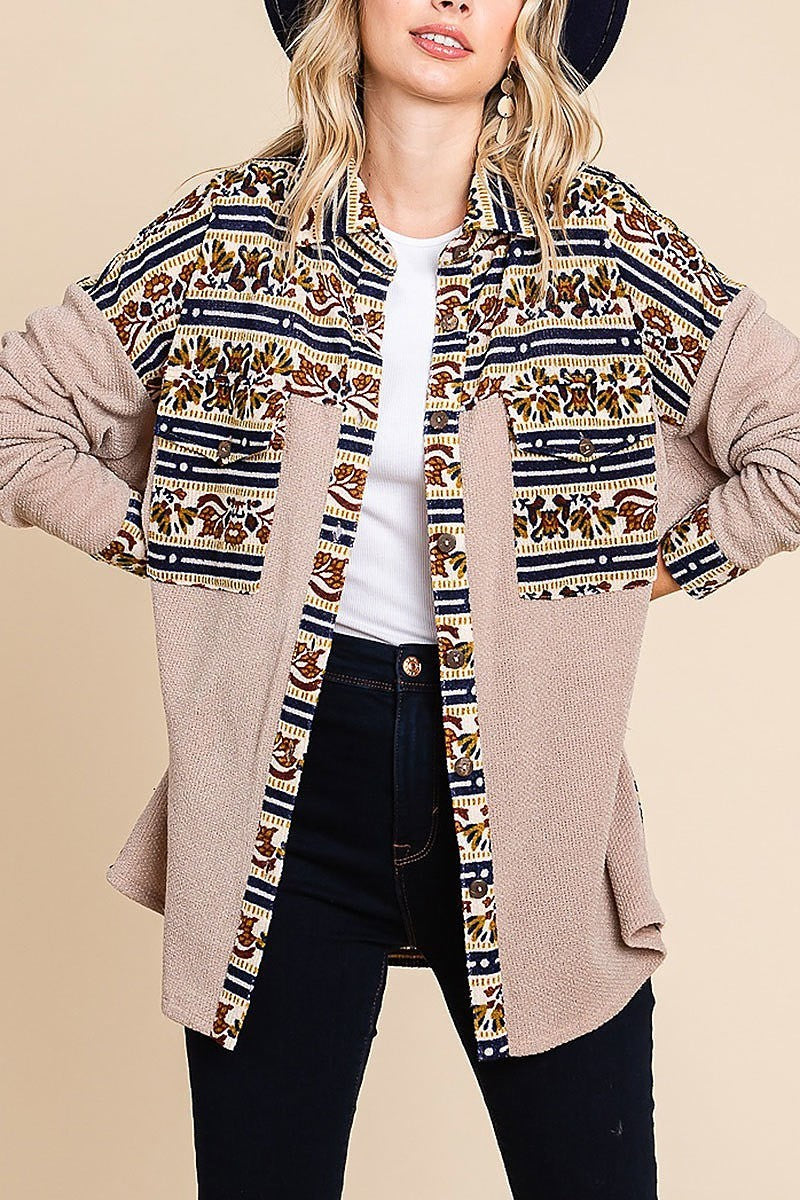 Aztec printed color block shirt jacket (EDH1591)