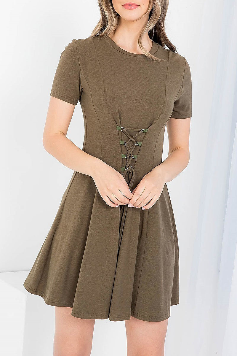 Lace up front waist round neck flare dress (DED7397)