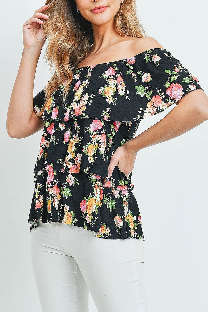 Off shoulder floral ruffle tiered layered top (ED8729-2)