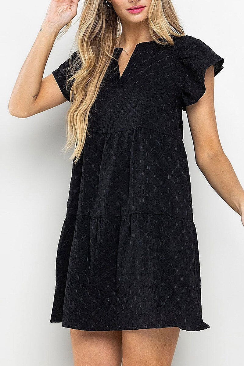 Ruffle sleeves detailed tiered tunic mini dress (EFWT5528)