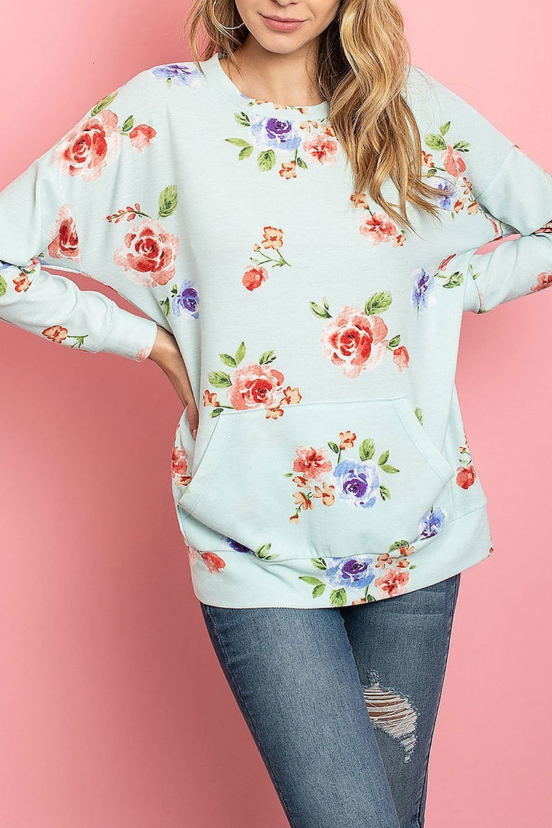 Floral long sleeves pullover with kangaroo pocket (ED8486)