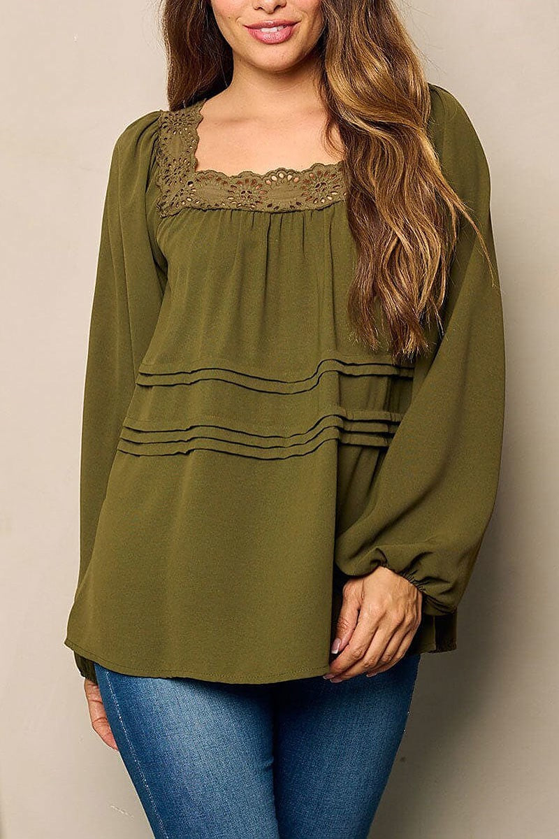 Ballon sleeve eyelet deyailed tunic blouse top (EFWT4815)