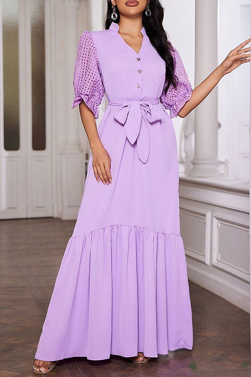 Short puff sleeve v-neck ruffle maxi dress (EGWT1099)