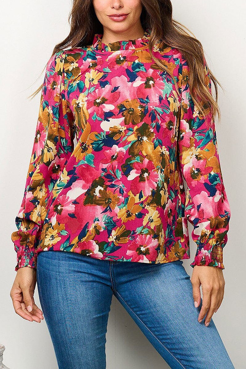 Long sleeve mock neck floral blouse top (EFWT6667)