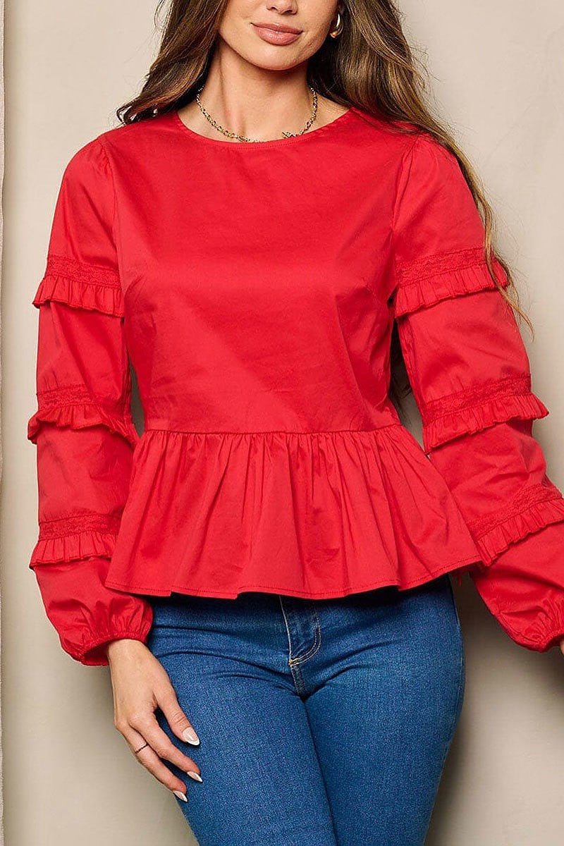 Long ruffle sleeve peplum blouse top (EFWT4482)