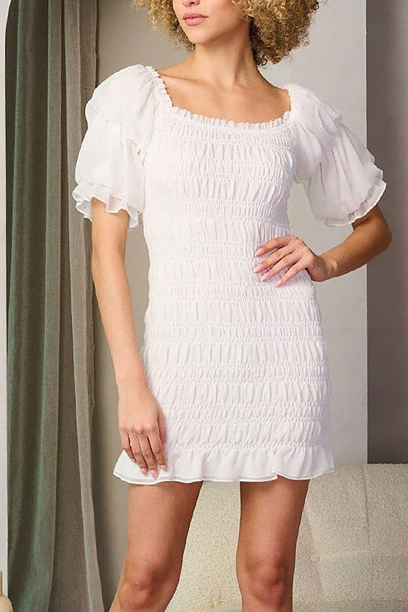 Short puff sleeve ruched bodycon mini dress (EFWT8297)