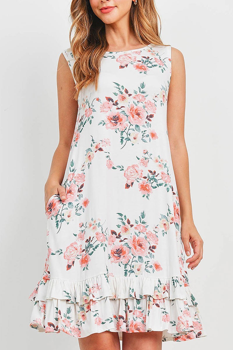 Sleeveless ruffle hem floral print pocket dress (DED6391)