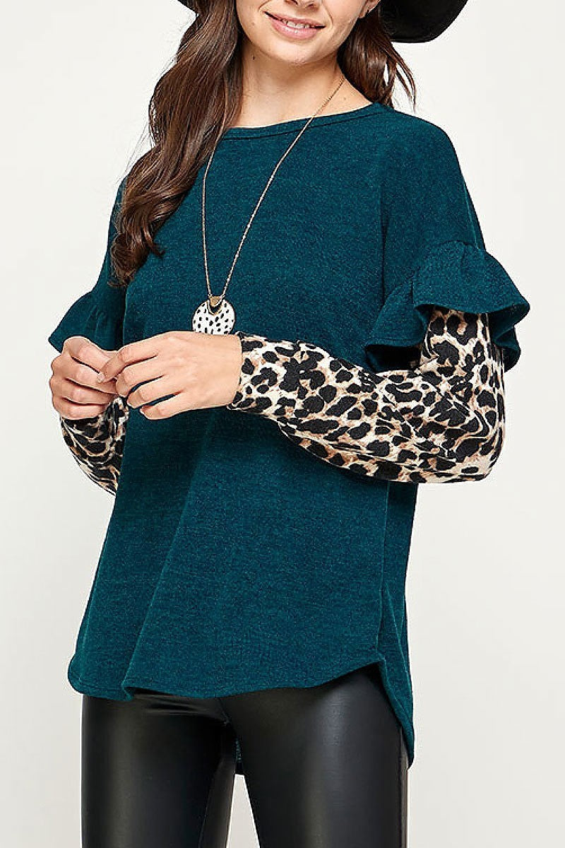 Animal print ruffle detail color block top (EF2233)