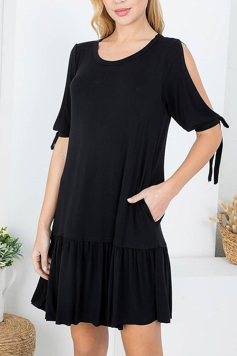 Open tie sleeve ruffle hem dress (DED7723)