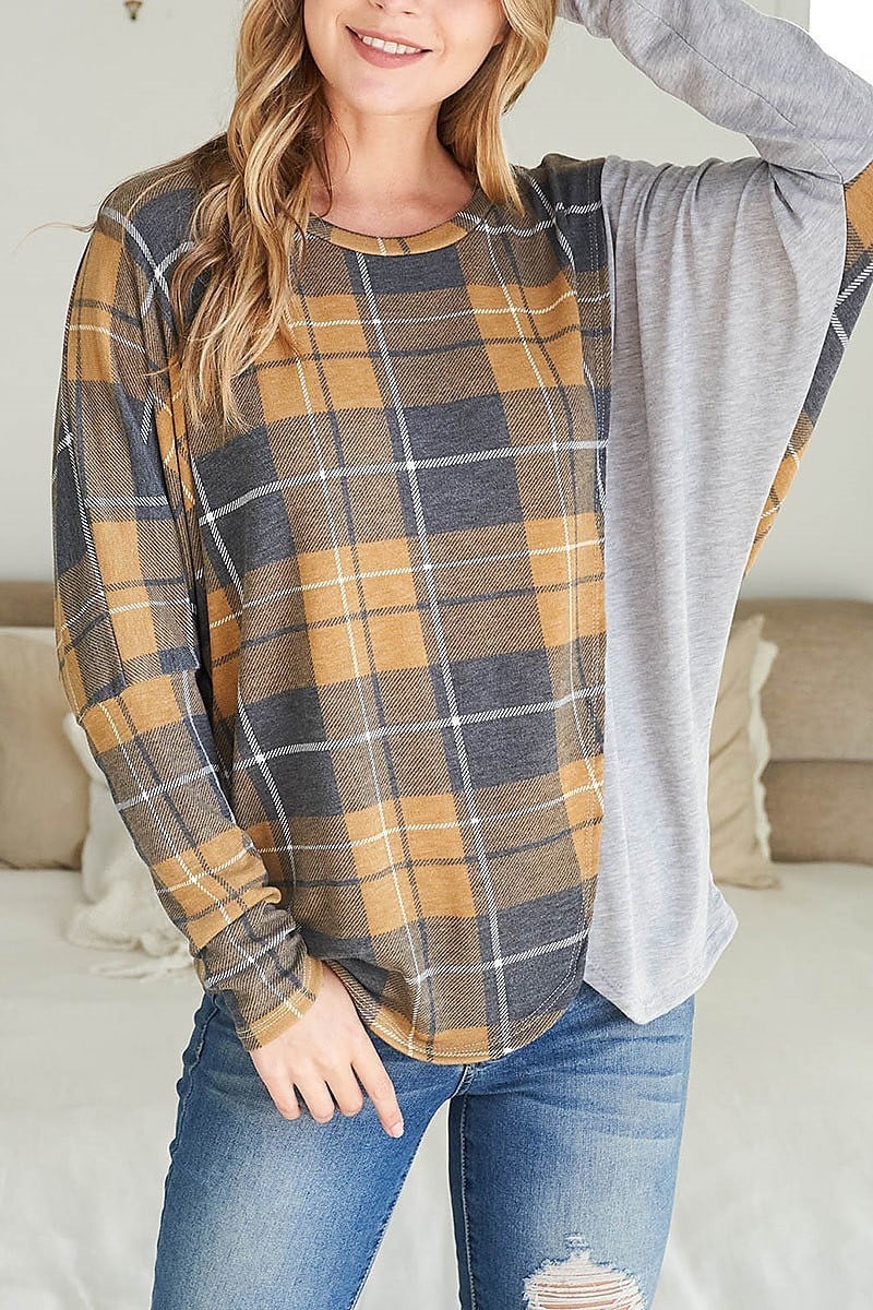 Dolman sleeve vertical detail plaid top (EF2394)