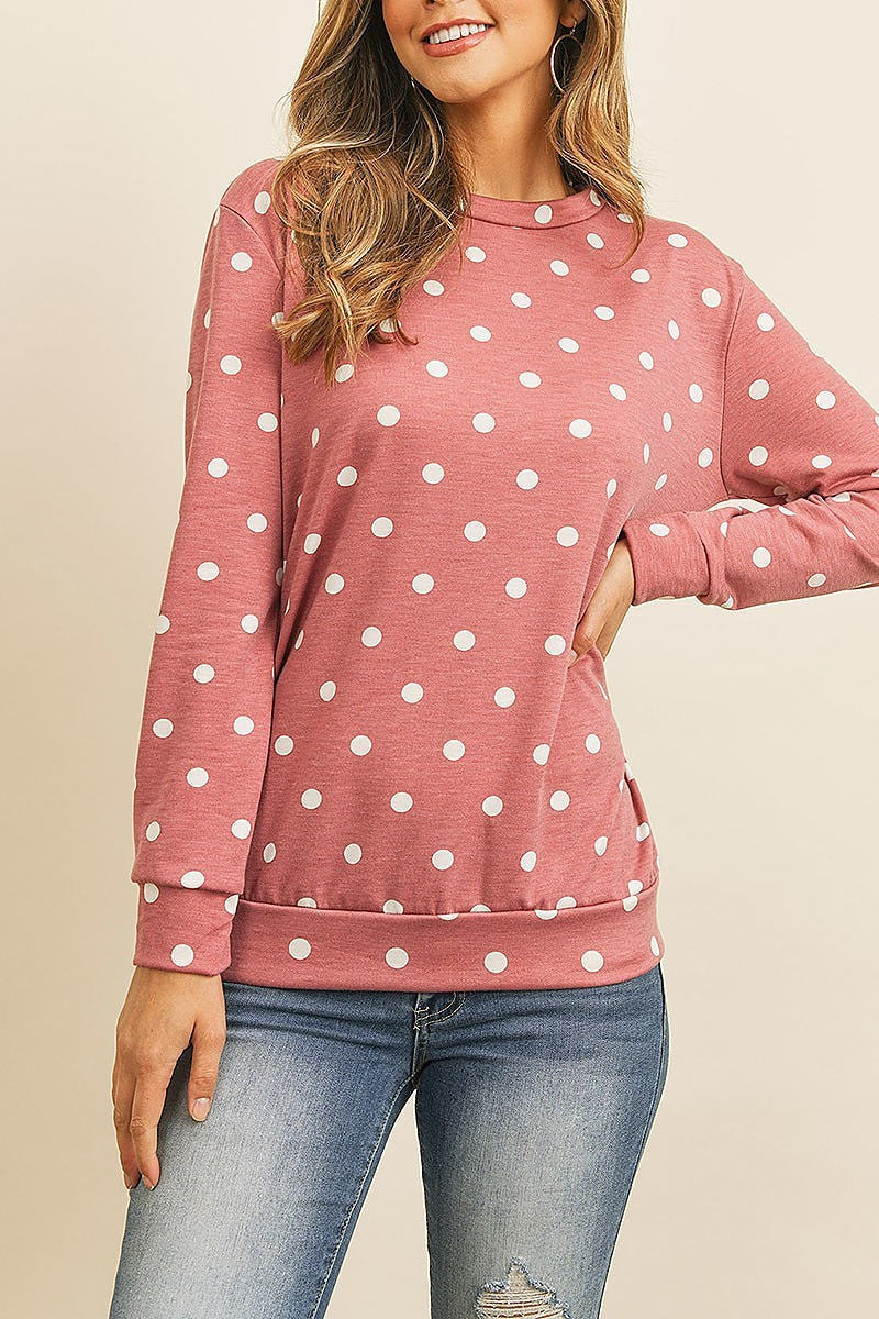 Fleeced polka dot print long sleeved pullover top (EF2654)