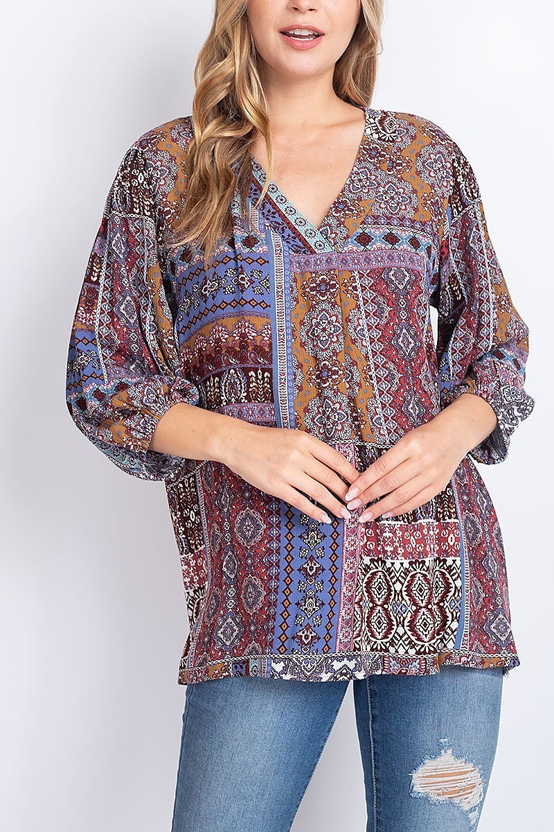 Quarter sleeve v neck front pleat printed top (EF2188)