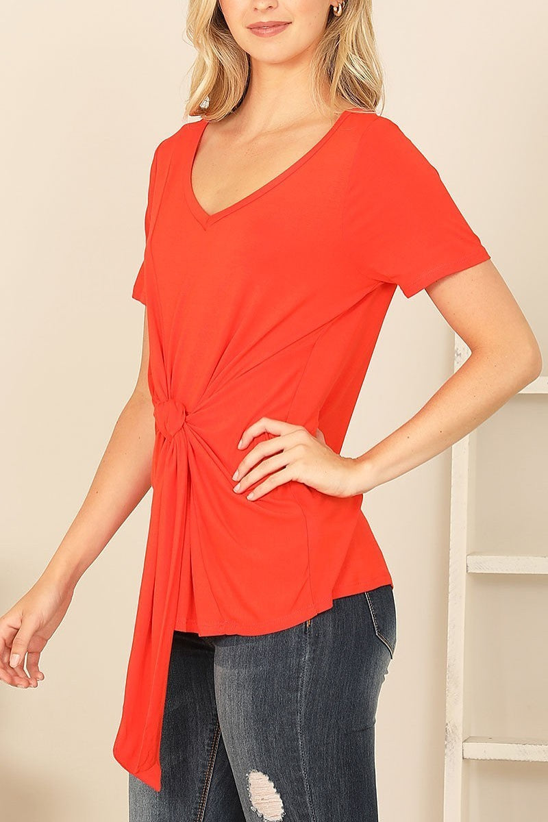 Short sleeve v-neck twist front solid top (EF7729)