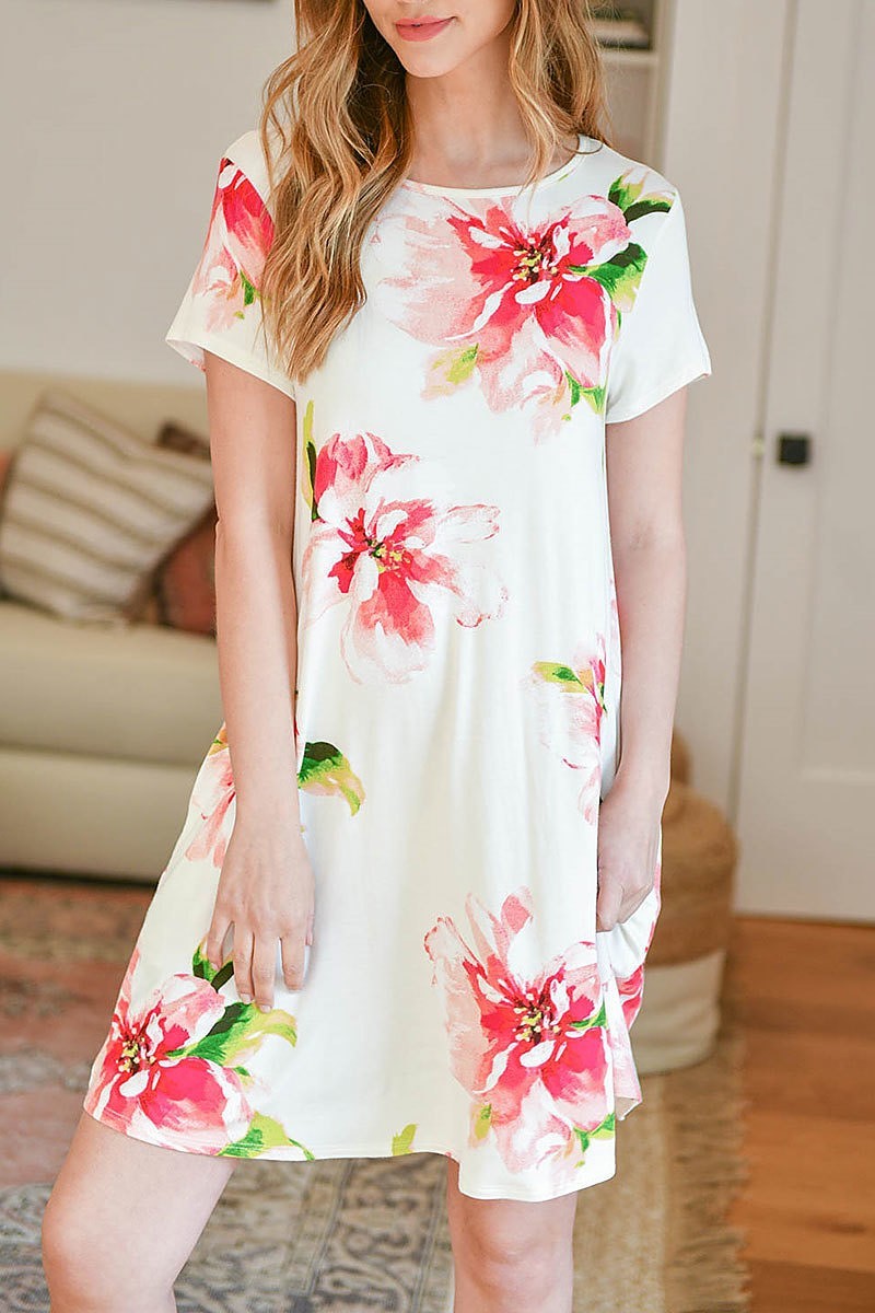 Painterly floral print round neck dress (DED6064)