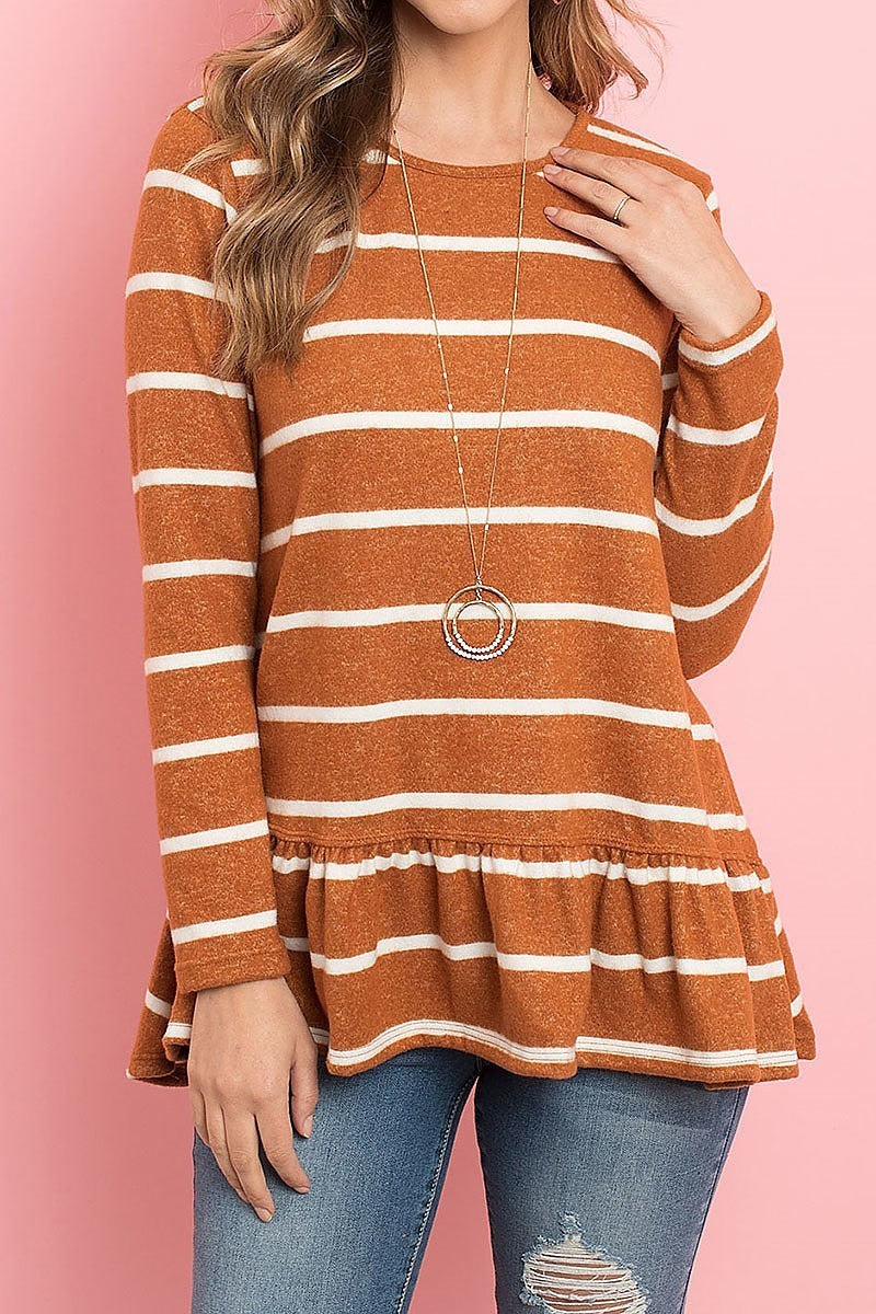 Stripe long sleeve ruffle detail hem tunic (ED8304-1)