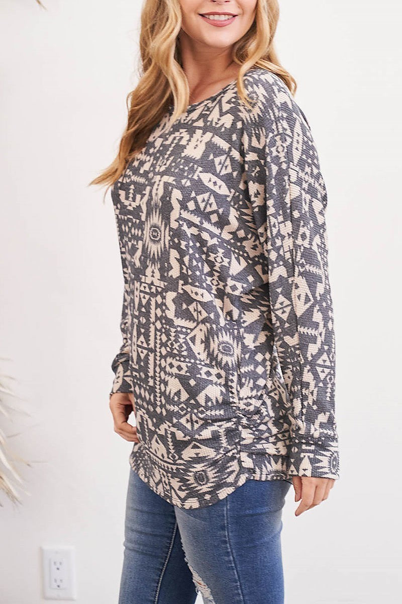 Scoop neck aztec print long sleeve top (EF2775)