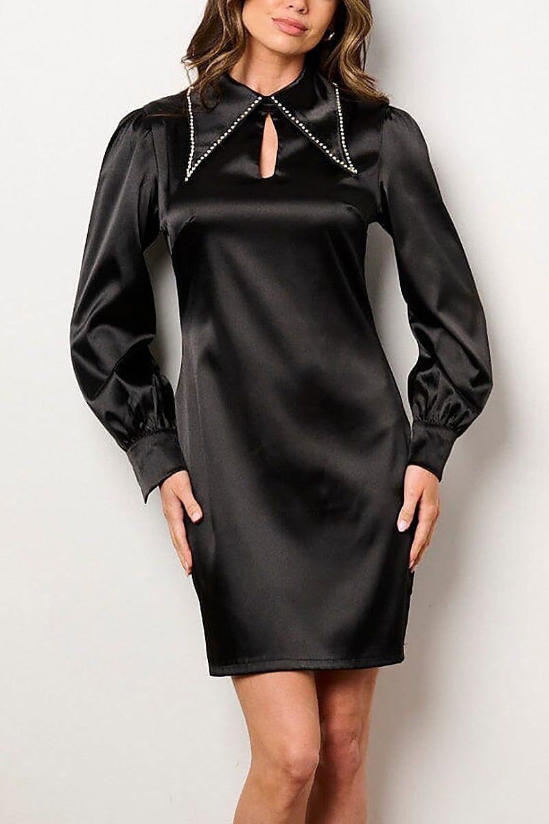 Long sleeve bodycon studs satin mini dress (EFWT8807)