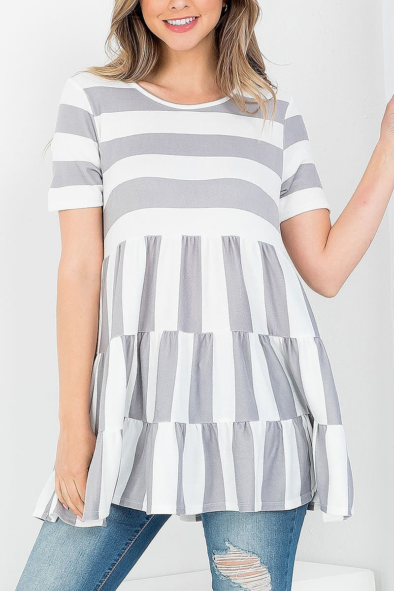 Stripes layered ruffle hem top (EF3860)