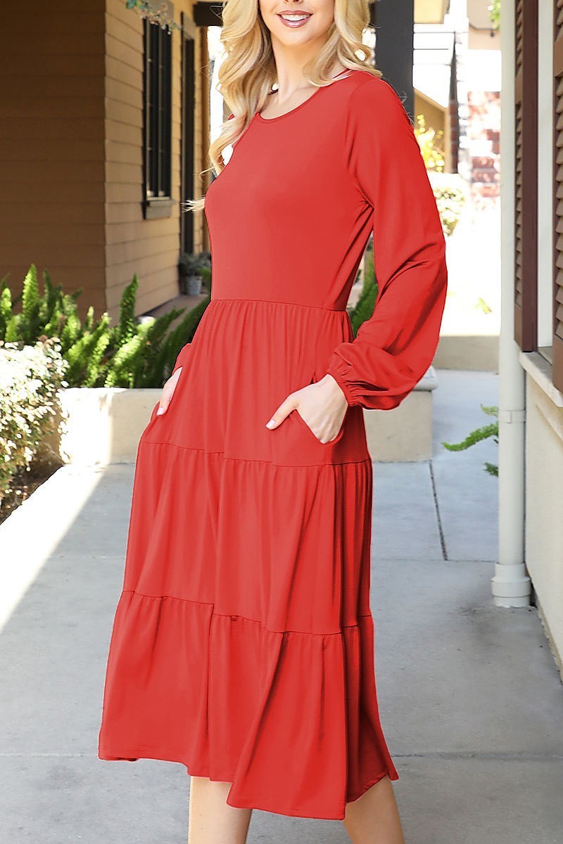 Solid long sleeve elastic waist tiered dress (DED8893-1)