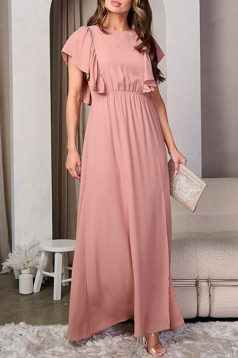 Short ruffle sleeve side slit maxi dress (EFWT8190)