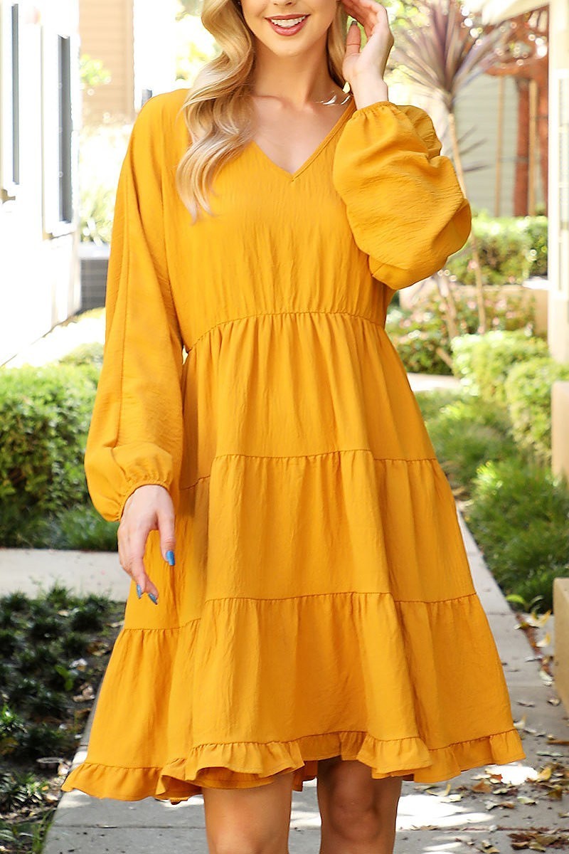 Puff sleeve v-neck elastic waist tiered dress (DED8840)