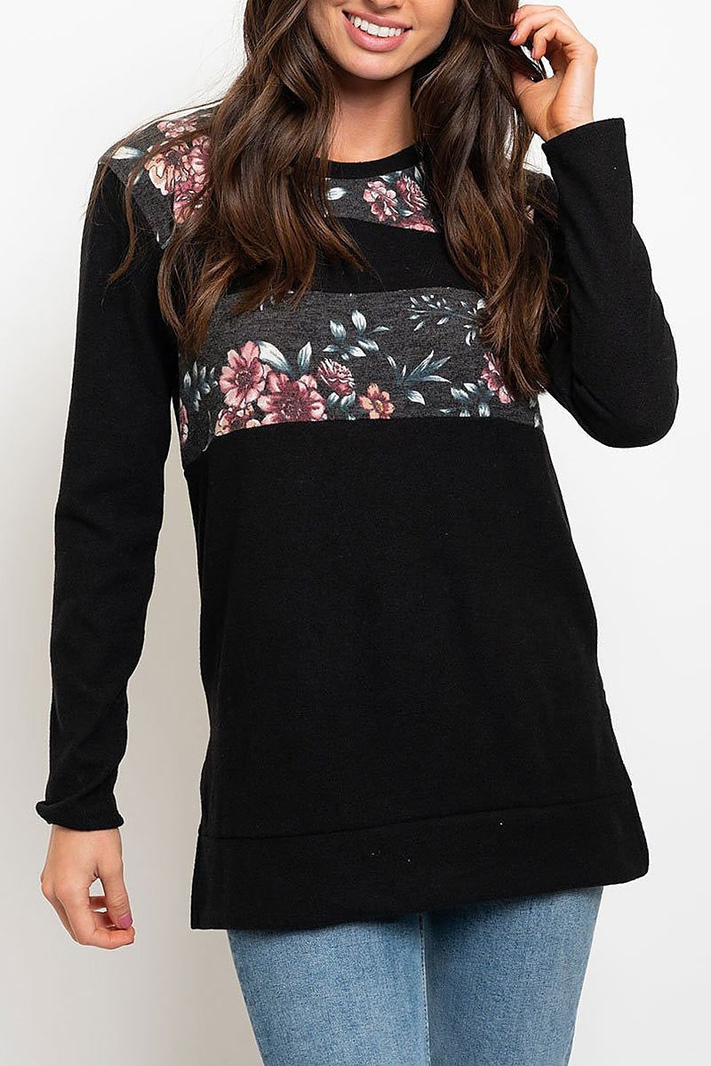 Long sleeve solid and floral mix top (EDWT2264)