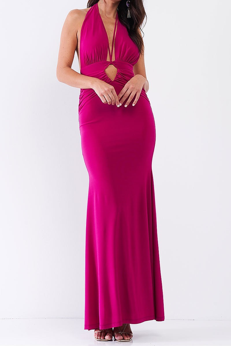 Halter neck front cutout detail ruched open back maxi dress (TDG7762-3)