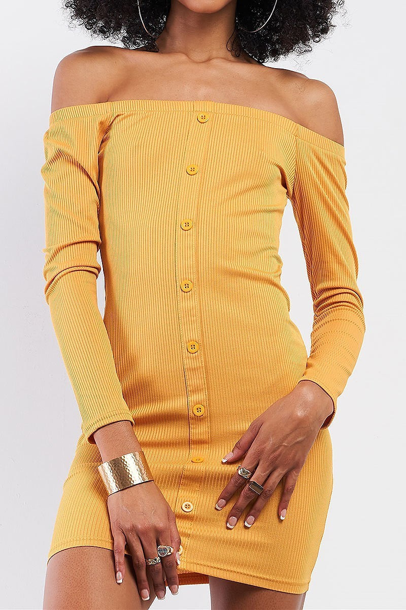 Off shoulder button front ribbed knit dress (TDG7679)