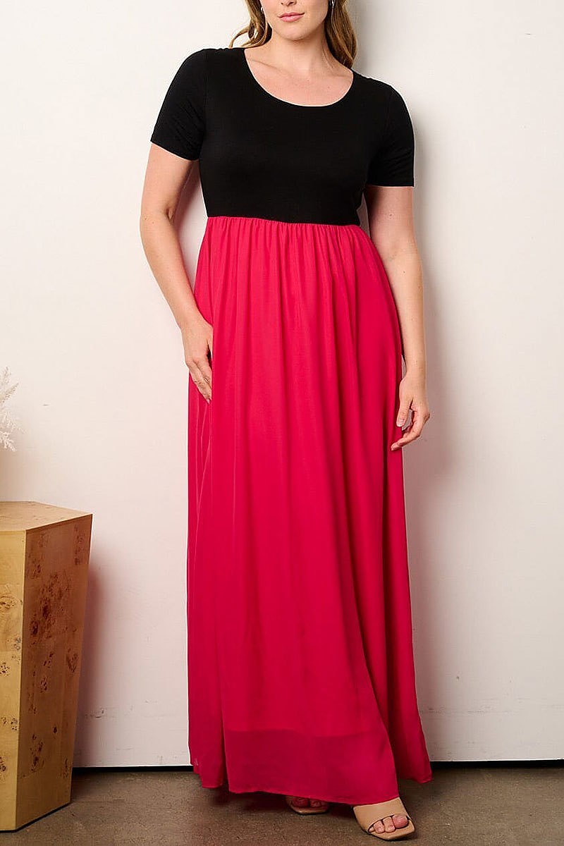 Short sleeve elastic waist colorblock maxi dress (EFWT9120)