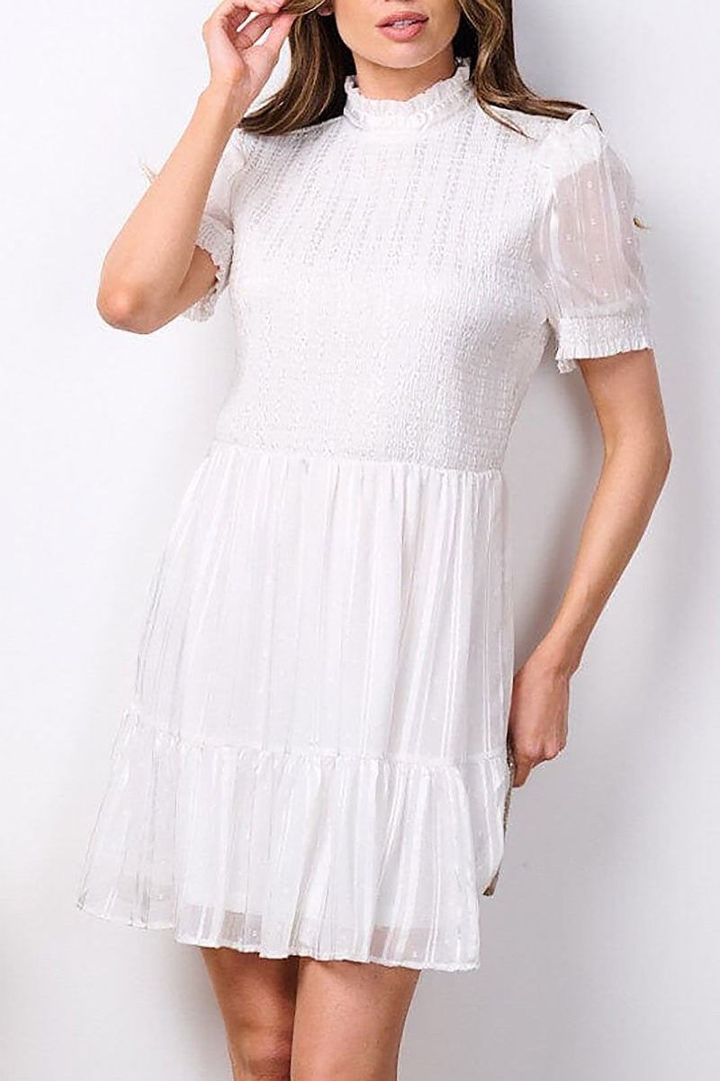 Short sleeve tiered smock swiss shimmer mini dress (EFWT7681)