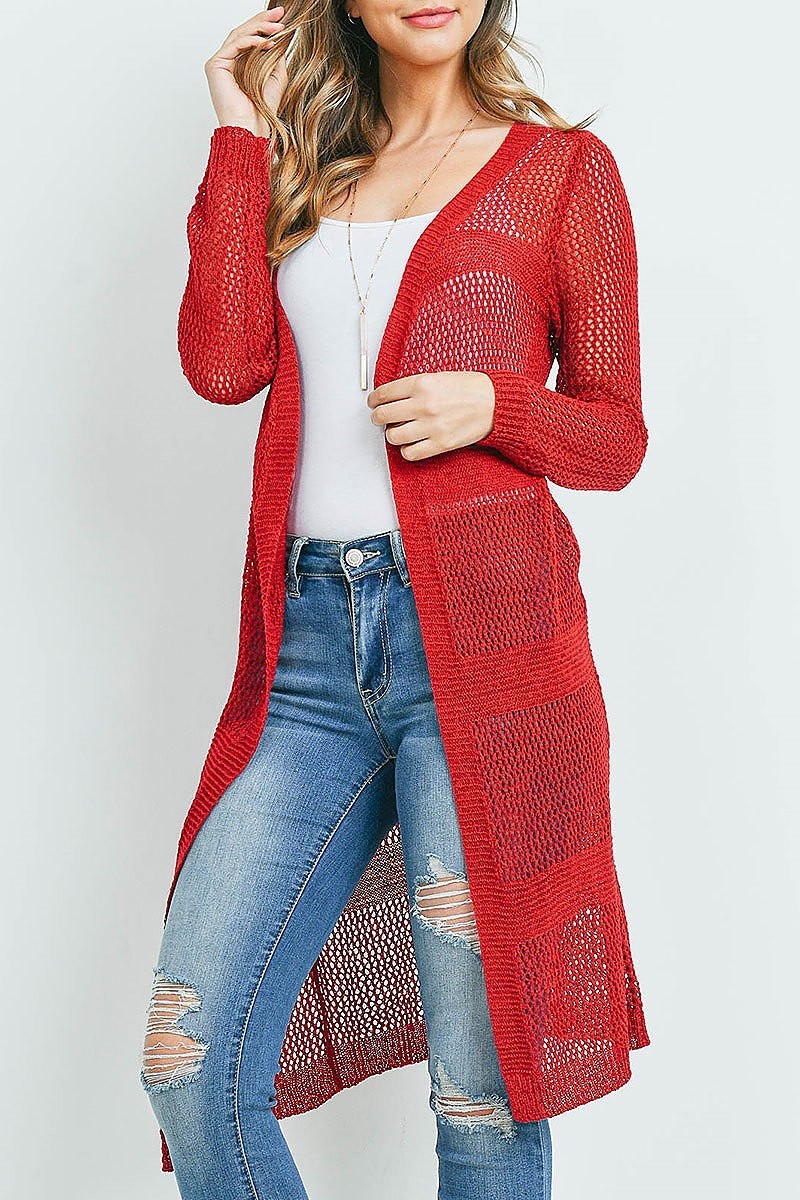 Sheer stripe long line crochet sheer cardigan (ED9492)