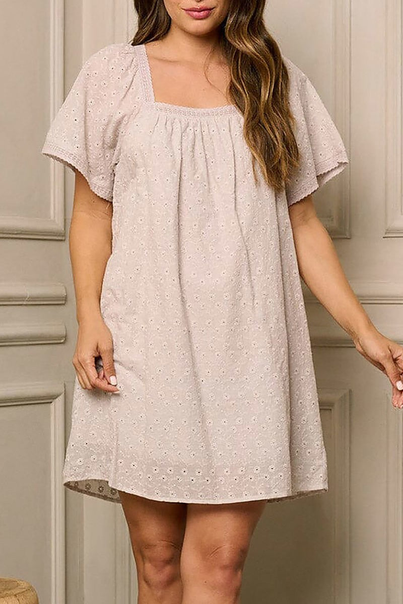 Short sleeve square neck eyelet tunic mini dress (EFWT6346)