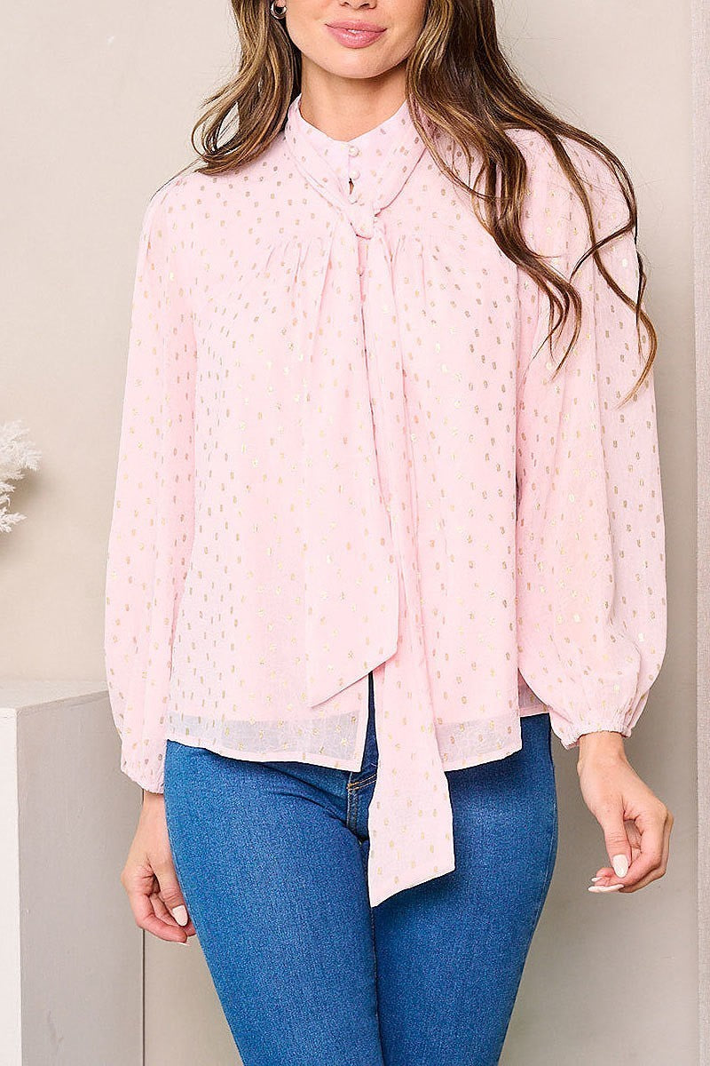 Long sleeve neck tie shimmer detailed blouse top (EFWT3793)