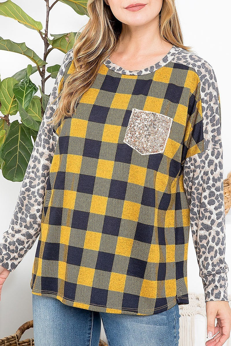 Leopard long sleeve plaid top with sequin pocket (EF2396)