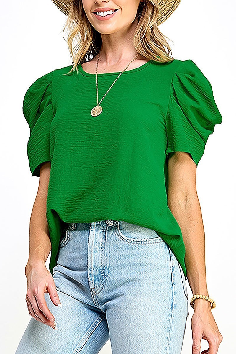 Pleated puff sleeve woven solid top (EF5829)