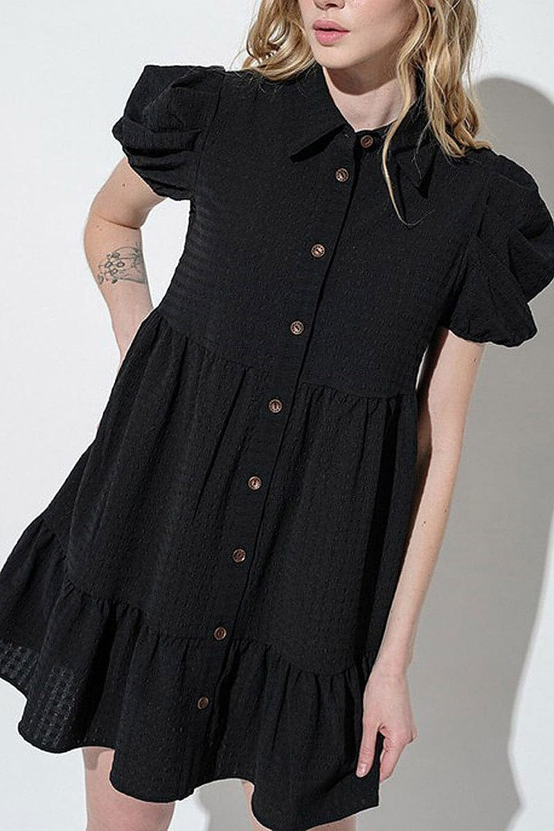 Puff sleeves button up pockets tiered mini dress (EFWT5709)