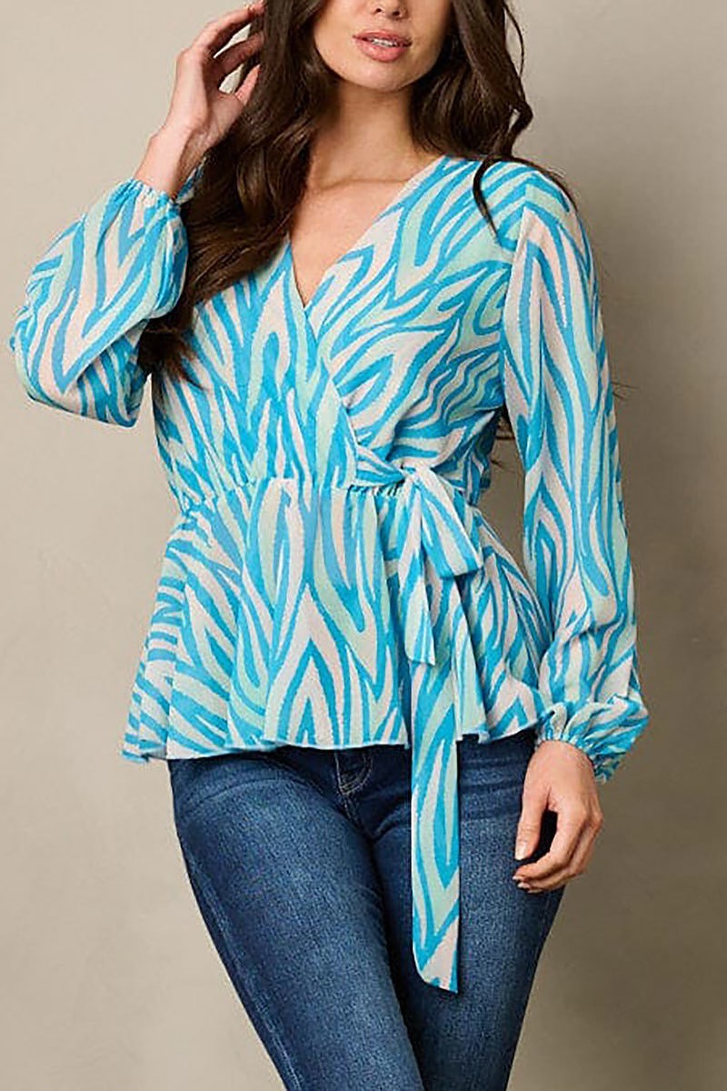 Long sleeve surplice self tie printed blouse top (EFWT1837)