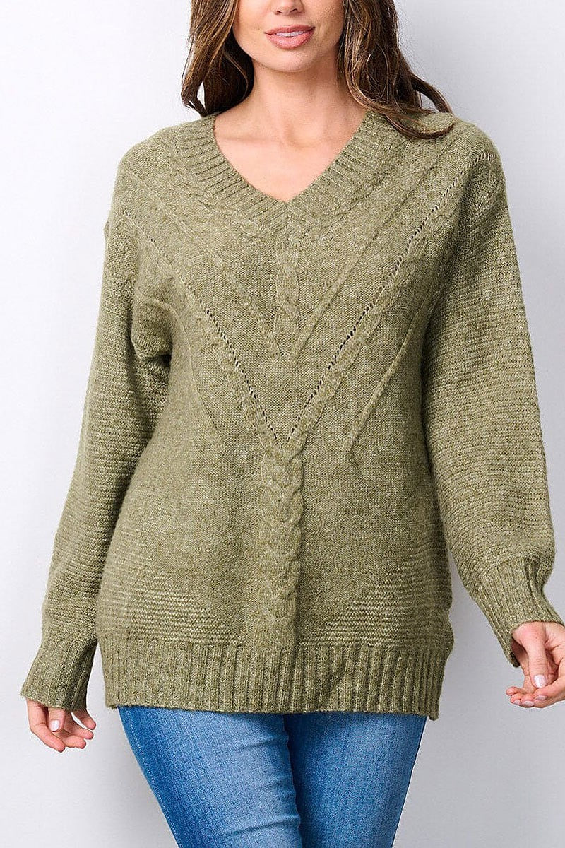 Long sleeve v-neck knitted sweater (EFWT7492)