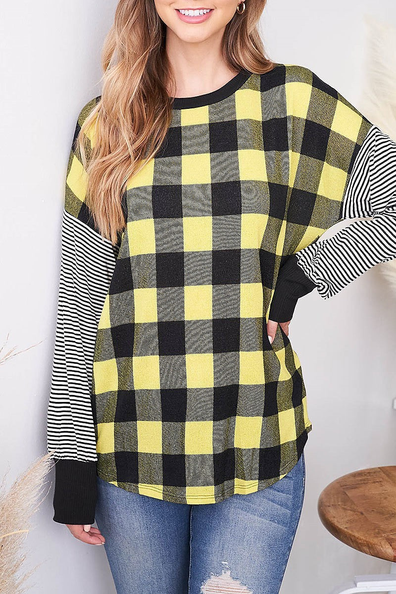 Stripe sleeve checker body color block top (EF2515)