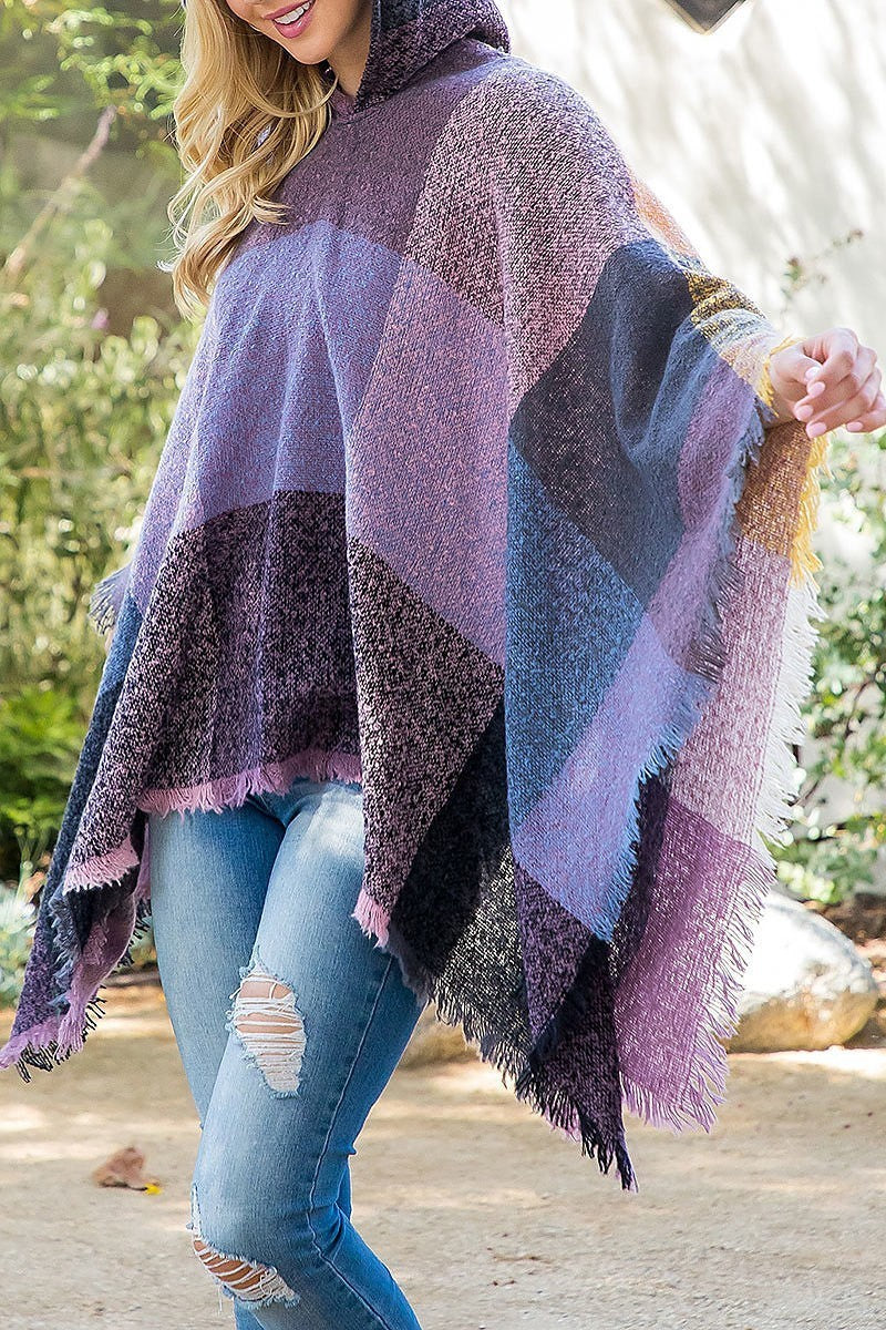 Square multicolor warmer knitted hooded poncho (DGS5851)