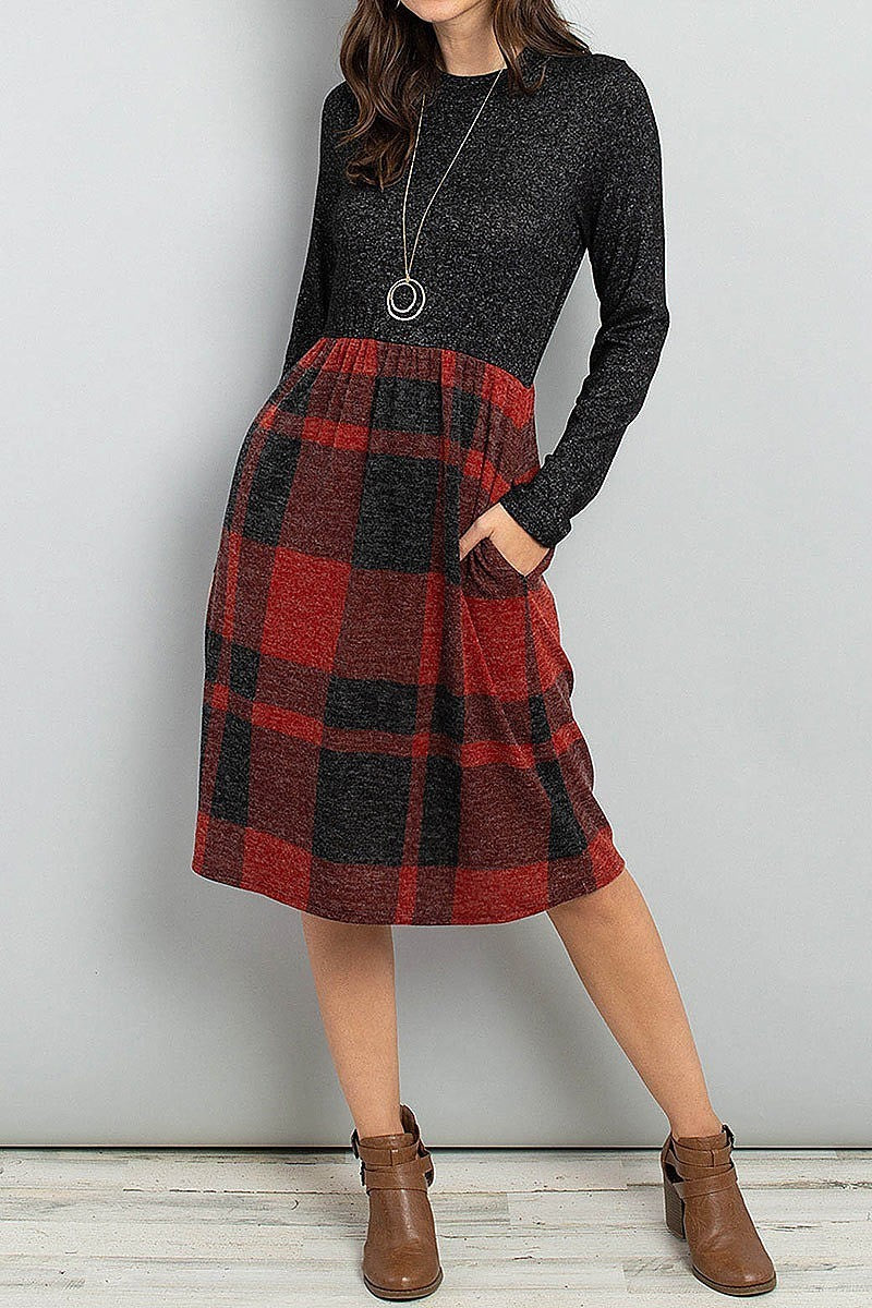 Two toned high neck long sleeves plaid contrast dress (DED5776)