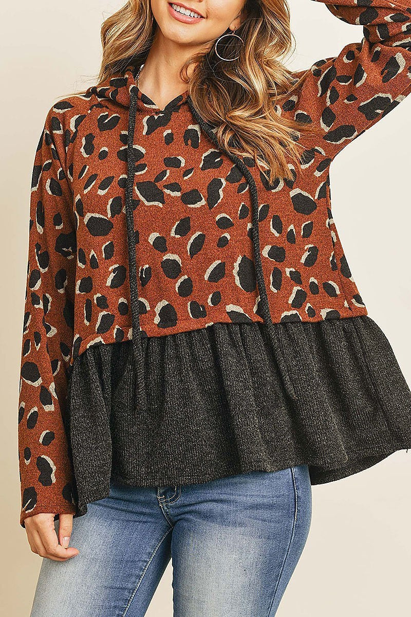 Leopard solid cinch ruffle hem hoodie with self tie (ED8321)