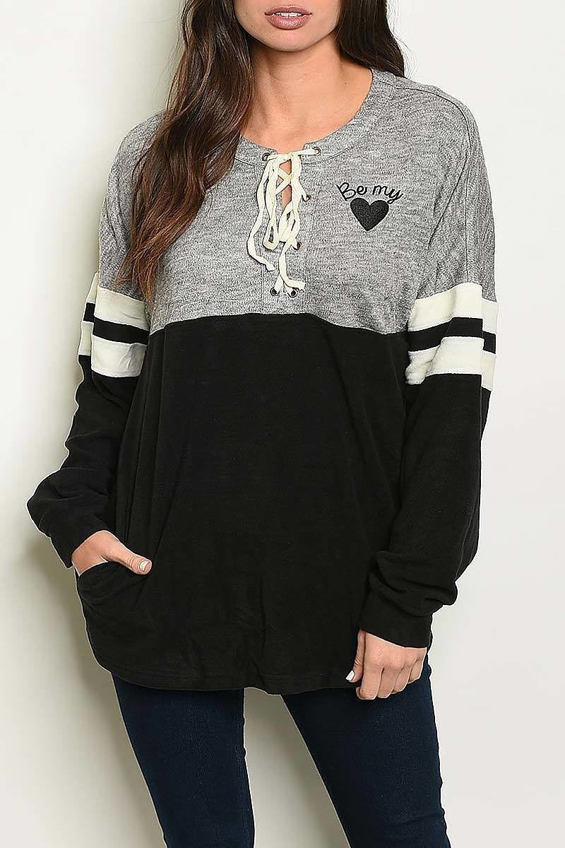 Color block lace up pocket sweater (DGS3605-3)