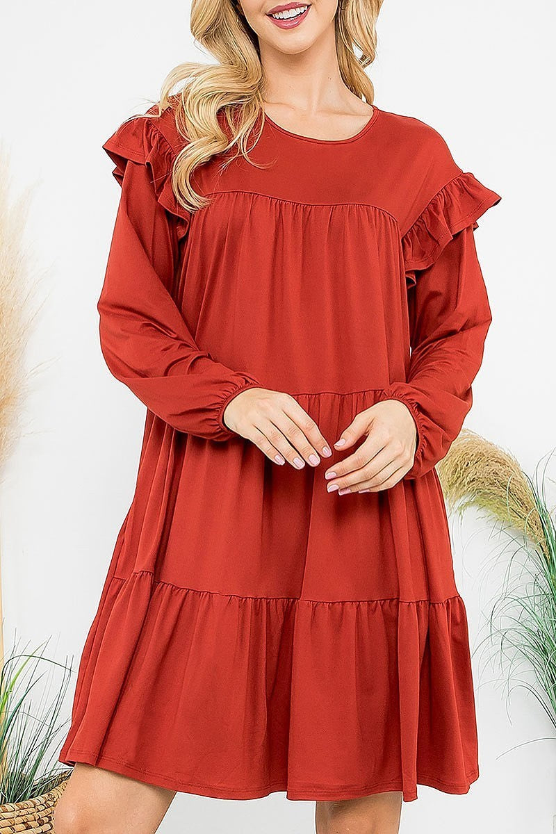 Long sleeve ruffle detail solid dress (DED8851)