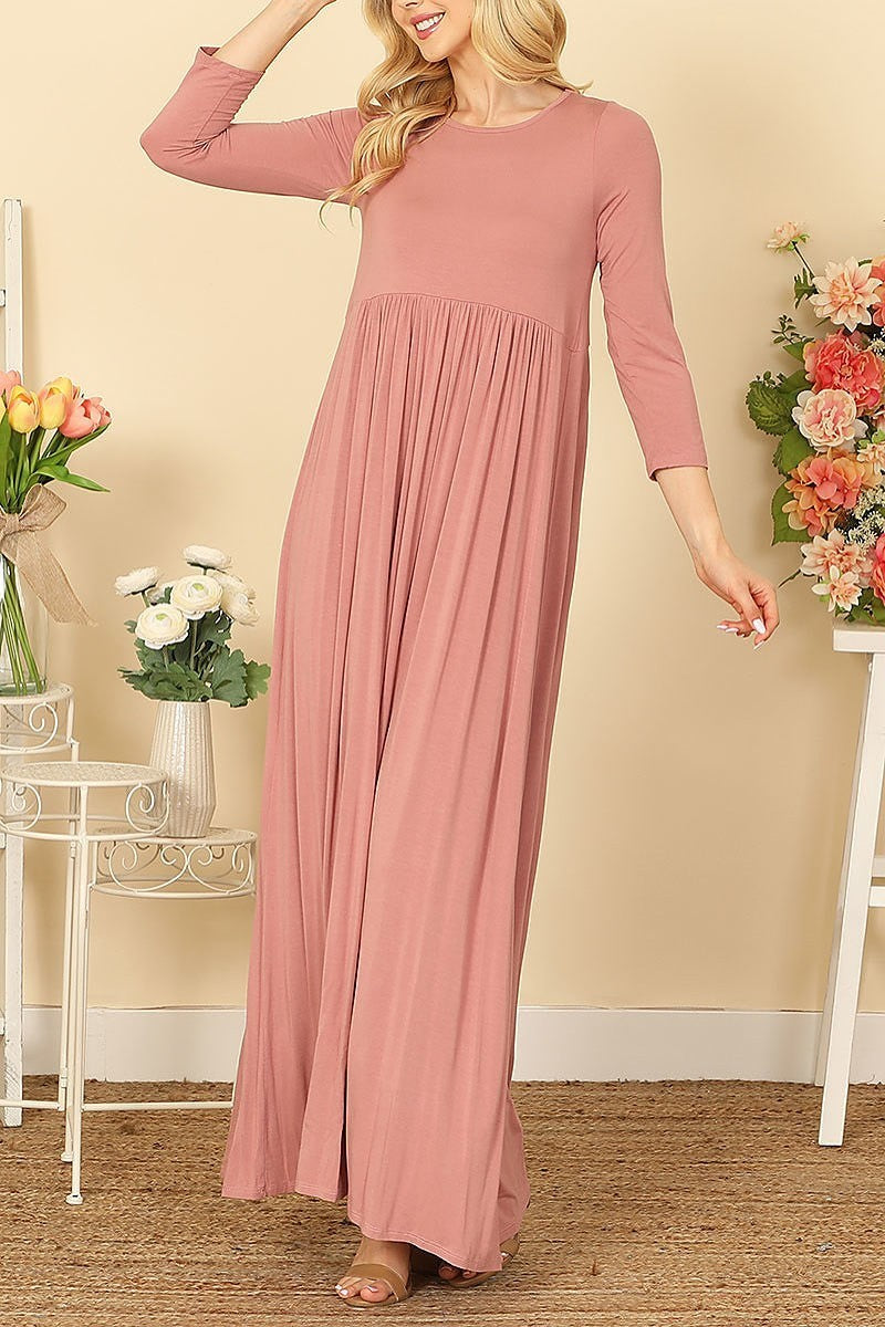 Quarter sleeve pleated waist solid maxi dress (DED9442)