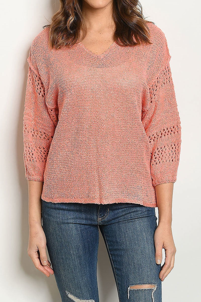 V neck crochet bubble sleeve sweater (DGS4848-3)