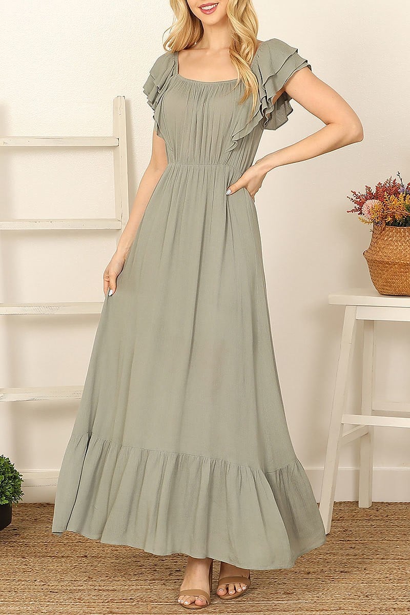 Ruffle sleeve solid maxi dress (DED9348)