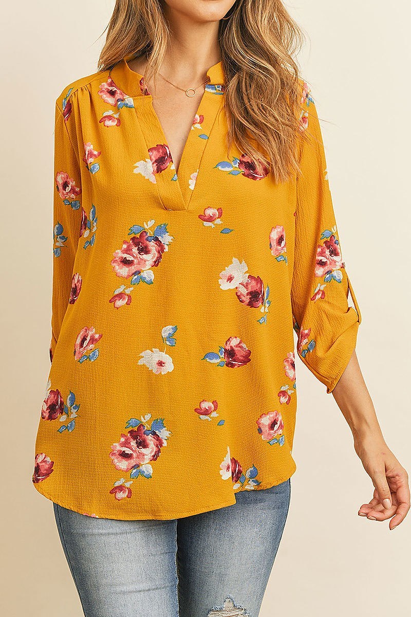 Roll up sleeve floral print v neck top (ED8085)