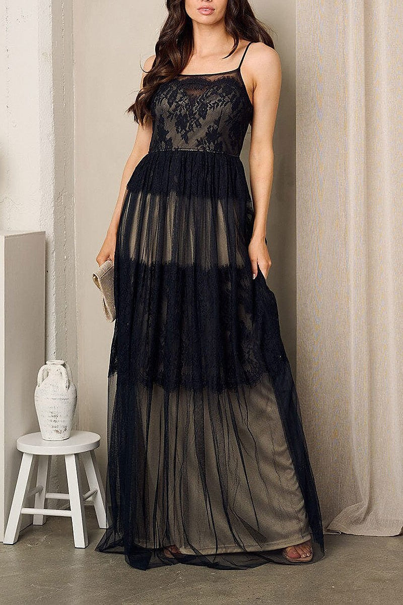 Sleeveless lace tiered maxi gown dress (EFWT2389)